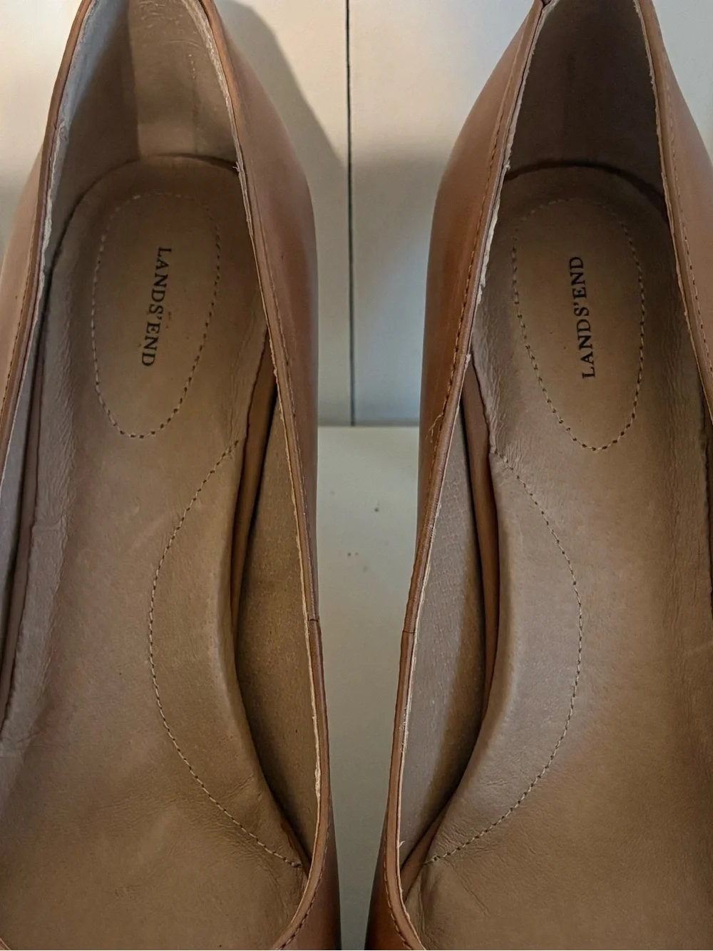 LANDS' END Cognac Brown Leather Round Toe Stiletto Heels, NWOT, Size 10